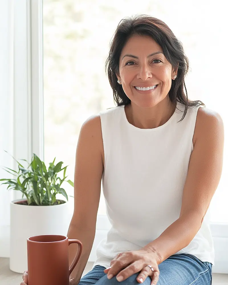 Mujer latina de 40 años sonriendo con confianza, sosteniendo taza terracota MySUPPLE, representando vitalidad y bienestar hormonal natural